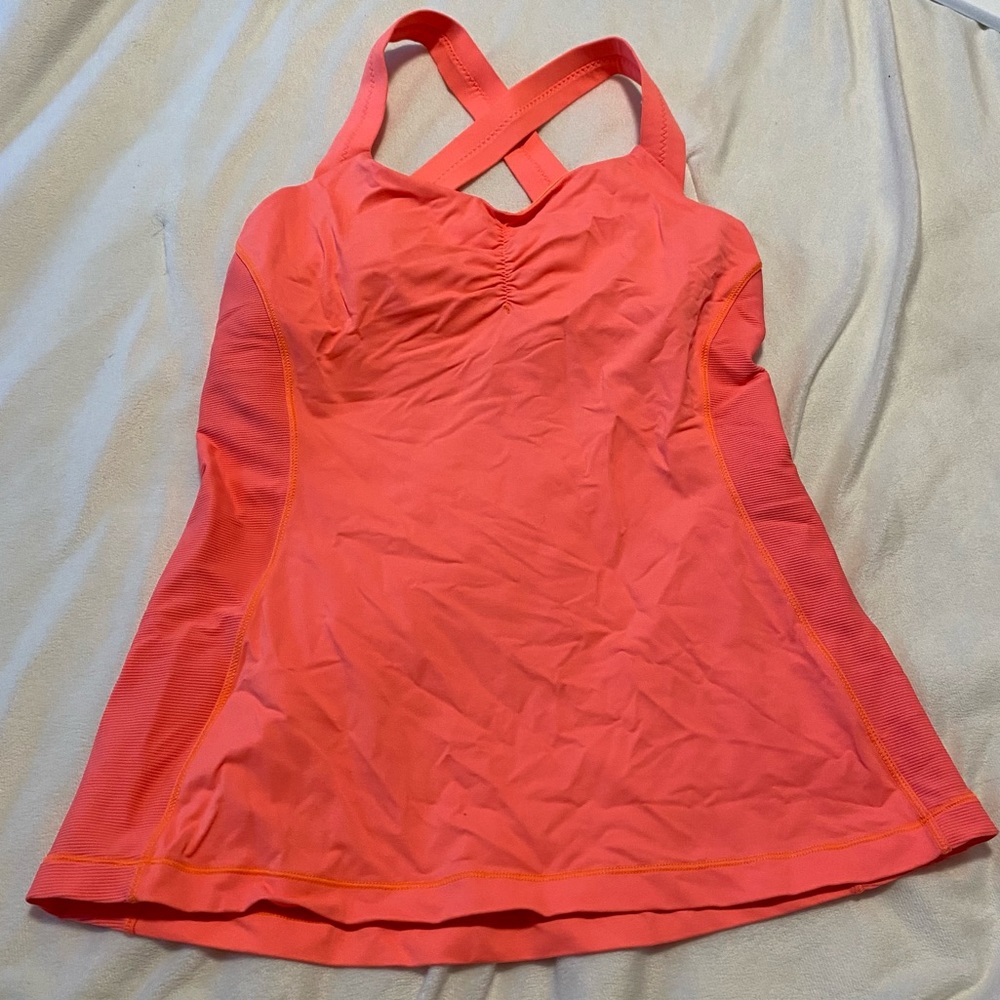 Lululemon Strapy Back Work Out Orange Tank Top Active Wear Built in Bra Sz 8